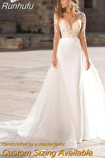 Runhufu Lace Long Sleeve Wedding Dress Mermaid Sexy V-Neck Bridal Gown Appliques Open Back Spandex And Tulle Train Custom Made